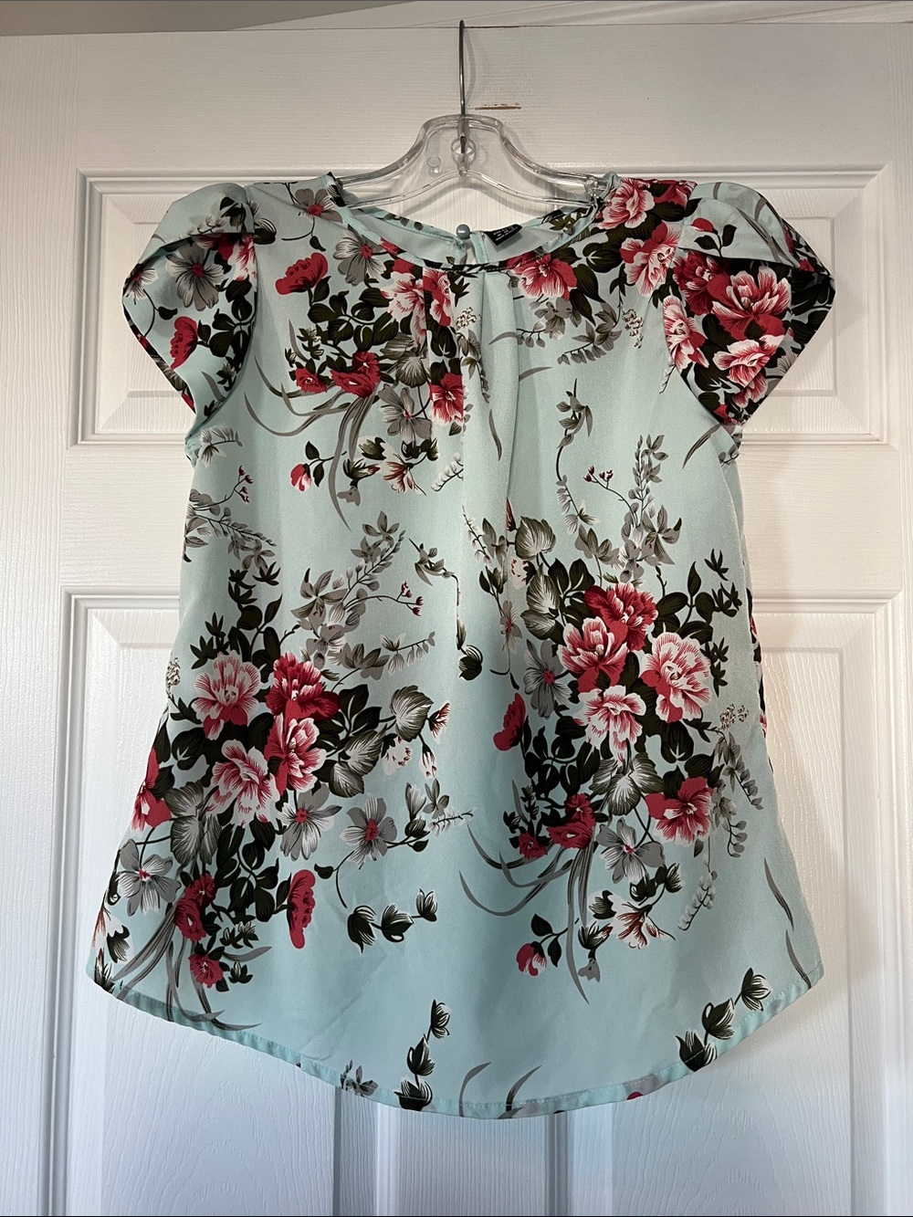 SHEIN Mint Floral Short-Sleeve Blouse with Pink Blooms